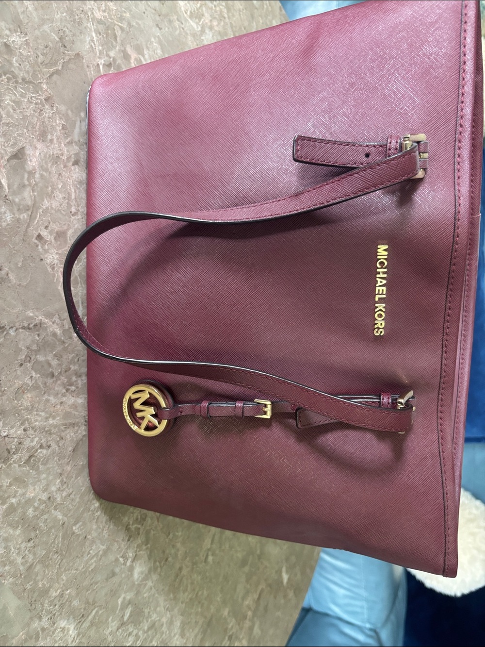 Michael Kors Wine Saffiano Leather Tote with Gold Hardware